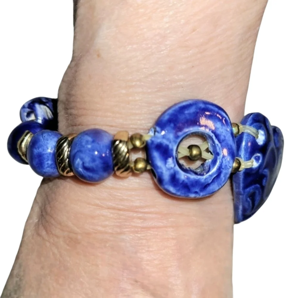 Hand Crafted Blue Ceramic And Gold Bead Heart Bracelet For Small Hands/Wrists